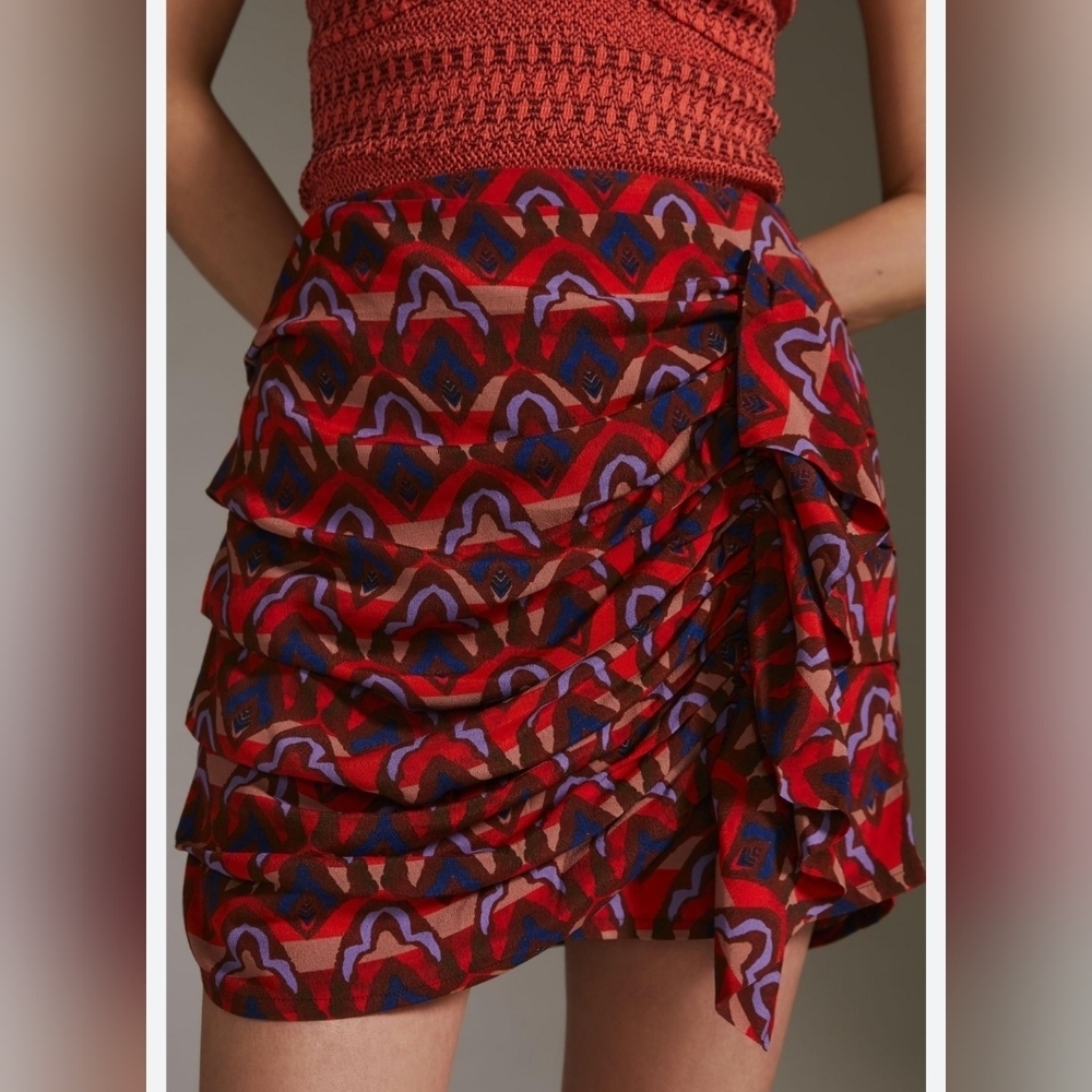 ANTHROPLOGIE Dolan Ruched Ruffle Mini Skirt Size Small in Red Purple Black Boho